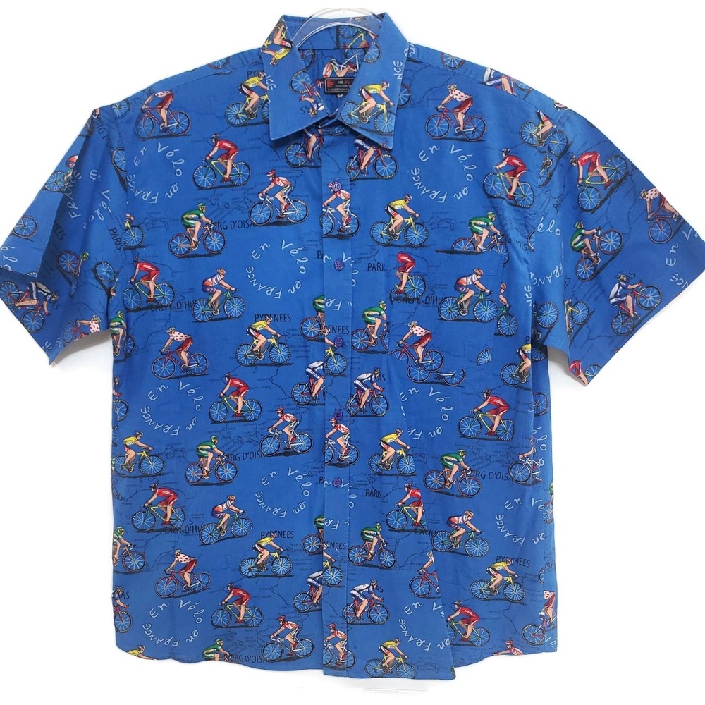 Mr K Shirt Mens Blue Tour de France‎ Cyclist Print Button Front Short Sleeve